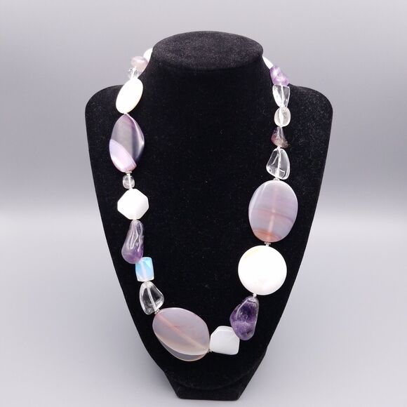 Purple Agate Lavender Lilac Necklace Knotted Clear White Polished Statement - Picture 1 of 6